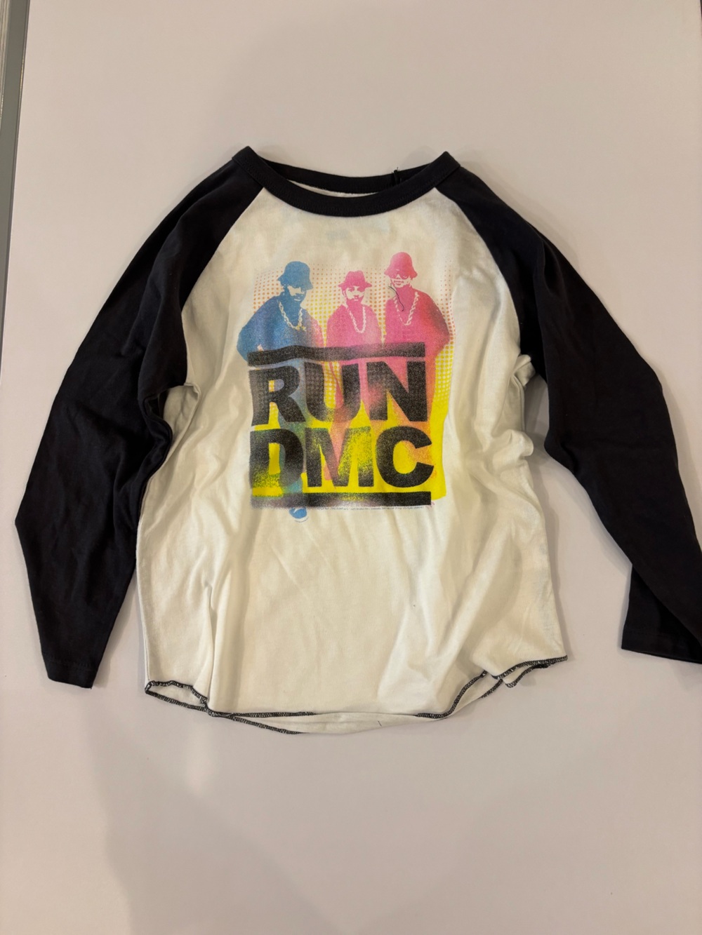 Rowdy Sprout Run DMC White Baseball Tee with Black Sleeves and Neon Graphic